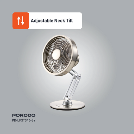 The Porodo Lifestyle Metal Desk Fan provides powerful, portable cooling with its sleek metal design, which is durable and fashionable. With its rechar