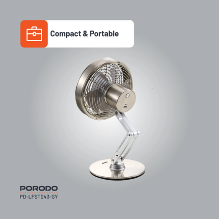 The Porodo Lifestyle Metal Desk Fan provides powerful, portable cooling with its sleek metal design, which is durable and fashionable. With its rechar