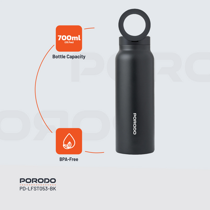 The Porodo Lifestyle Magnetic Mount Water Bottle perfectly balances functionality and style with its 700 mL capacity and BPA-free, double-wall insulat
