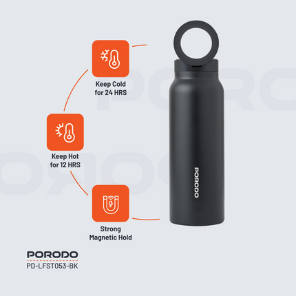 The Porodo Lifestyle Magnetic Mount Water Bottle perfectly balances functionality and style with its 700 mL capacity and BPA-free, double-wall insulat