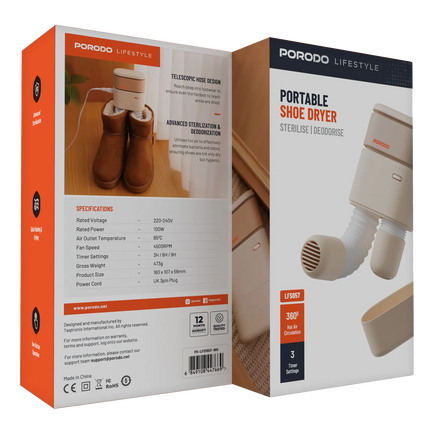 The Porodo Lifestyle Portable Shoe Dryer will go the extra mile with its advanced features to keep your shoes fresh, dry, and odor-free for optimal ca