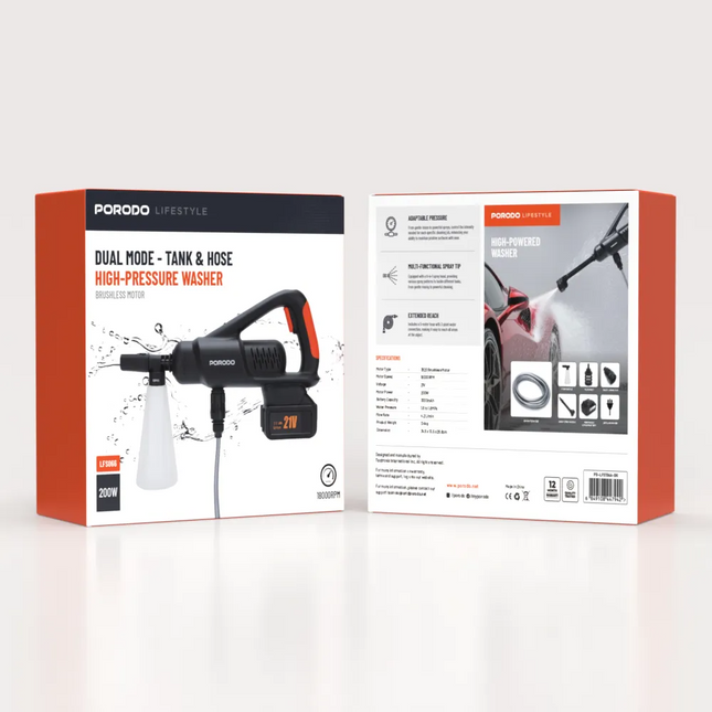 Whispers of power and versatility blend in the Porodo Lifestyle Dual Mode High-Pressure Washer, perfect for an array of cleaning tasks. Powered by a 3