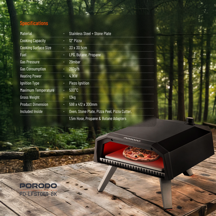 The Porodo Lifestyle 12" Pizza Outdoor Oven has a beautiful black color and is an ideal integration for any outdoor kitchen. It gives you an experienc