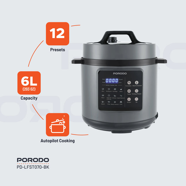 Porodo Lifestyle 1300W Electric Pressure Cooker – 6L, Black