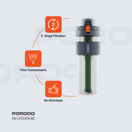 Introducing Porodo Lifestyle Water Bottle with 2-Stage Filtration, a true travel companion for hydration. This water bottle is designed with a whoppin