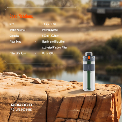Introducing Porodo Lifestyle Water Bottle with 2-Stage Filtration, a true travel companion for hydration. This water bottle is designed with a whoppin