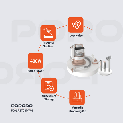 The Porodo Lifestyle Pet Grooming Kit Trimmer &amp; Vacuum is an all-inclusive solution for keeping your pet clean with convenience and comfort. Power
