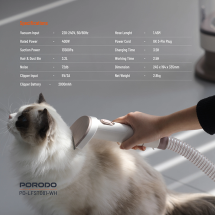 The Porodo Lifestyle Pet Grooming Kit Trimmer &amp; Vacuum is an all-inclusive solution for keeping your pet clean with convenience and comfort. Power