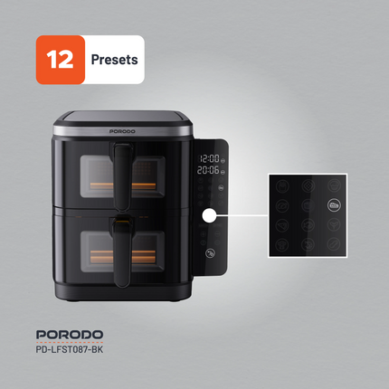 The Porodo Lifestyle double-stack air fryer with 12 pre-set cooking options is an incredible multipurpose all-in-one gadget that will cater to your be