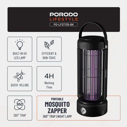 The Porodo Lifestyle Portable Mosquito Zapper ensures your surroundings are free from mosquitoes. A 2000mAh battery provides up to 4 hours of continuo