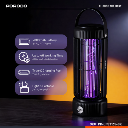 The Porodo Lifestyle Portable Mosquito Zapper ensures your surroundings are free from mosquitoes. A 2000mAh battery provides up to 4 hours of continuo