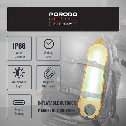 The Porodo Lifestyle Inflatable Outdoor Magnetic Tube Light is a versatile, durable outdoor lighting option for adventure. The luminance is rated at 1