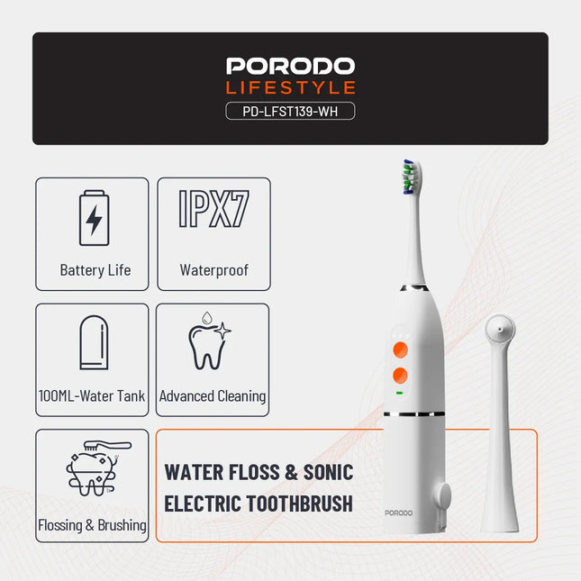 PORODO LIFESTYLE 1000MAH IPX7 ELECTRIC TOOTHBRUSH WITH MANUAL MODE 110ML WATER TANK