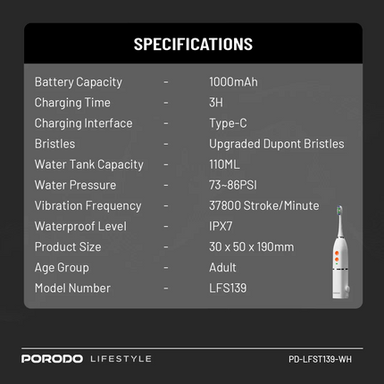 The Porodo Lifestyle Water Floss &amp; Sonic Electric Toothbrush 15W is an all-in-one compact oral care solution. It comes with an upgraded DuPont bri