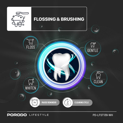 The Porodo Lifestyle Water Floss &amp; Sonic Electric Toothbrush 15W is an all-in-one compact oral care solution. It comes with an upgraded DuPont bri