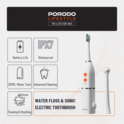 The Porodo Lifestyle Water Floss &amp; Sonic Electric Toothbrush 15W is an all-in-one compact oral care solution. It comes with an upgraded DuPont bri