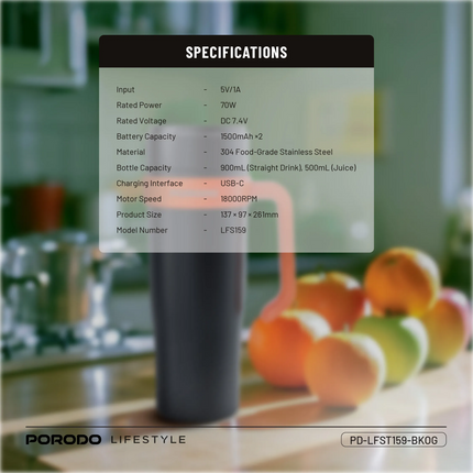 The Porodo Lifestyle 6-Blade Portable Blender is a dynamic and powerful take-along system for on-the-go blending. Rated with a 70W max-powered high-sp