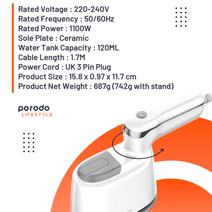 Porodo Lifestyle Mini Steam Iron 1000W UK with Rotatable handle - Clix