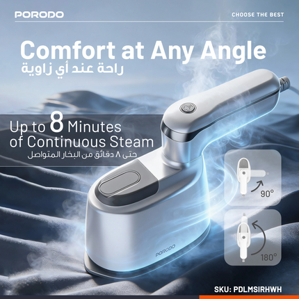 Make ironing easy with the Porodo Lifestyle Mini Steam Iron. With a powerful 1000W output and a ceramic soleplate, it ensures smooth and efficient iro