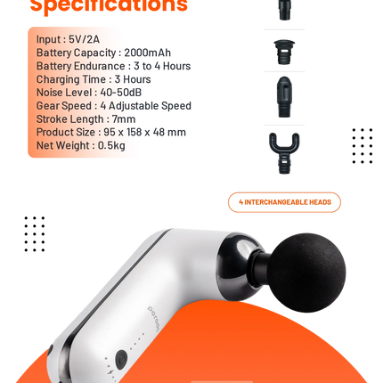 Porodo Lifestyle 12V Varying Speed Mini Massage Gun With USB-C Port 2000mAh