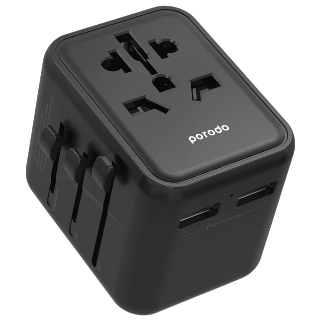 The Porodo Universal Travel Adapter is a versatile charging solution for your devices in over 150 countries. it has a dual-port USB-A fast charger tha