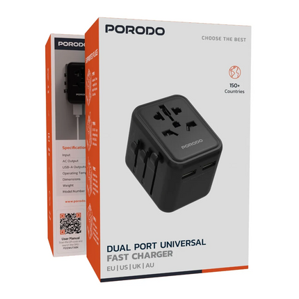 The Porodo Universal Travel Adapter is a versatile charging solution for your devices in over 150 countries. it has a dual-port USB-A fast charger tha