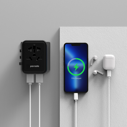 The Porodo Universal Travel Adapter is a versatile charging solution for your devices in over 150 countries. it has a dual-port USB-A fast charger tha