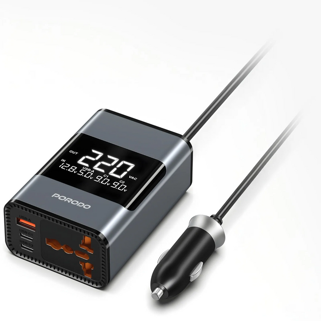 The Porodo Universal AC Car Power Inverter offers a safe way to power your devices while traveling. With a DC 12V/20A input and AC 220V output, its ma