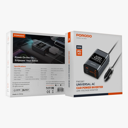 The Porodo Universal AC Car Power Inverter offers a safe way to power your devices while traveling. With a DC 12V/20A input and AC 220V output, its ma