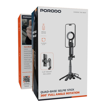 The Porodo Quad Base Selfie Stick is a gadget that allows users to effortlessly capture stunning photos and videos. With its lightweight design it com