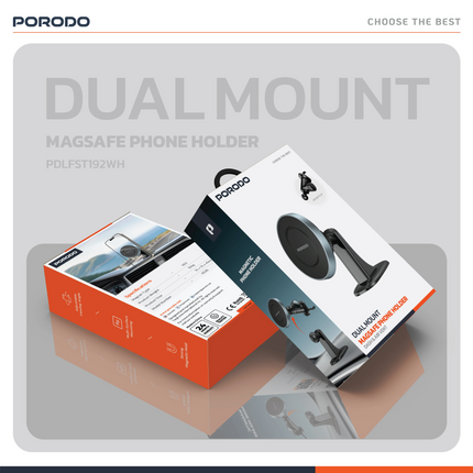 The Porodo Dual Mount MagSafe Phone Holder is committed to ease and stability, that is, if a user needs it in their car or on their desk. With a power