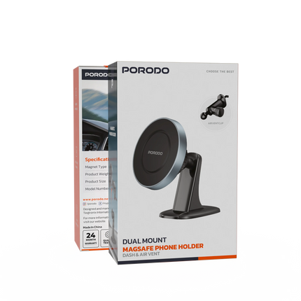 The Porodo Dual Mount MagSafe Phone Holder is committed to ease and stability, that is, if a user needs it in their car or on their desk. With a power
