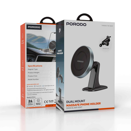 The Porodo Dual Mount MagSafe Phone Holder is committed to ease and stability, that is, if a user needs it in their car or on their desk. With a power