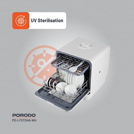 The compact, powerful Porodo Lifestyle Counter-Top Dishwasher makes cleaning dishes easy in every kitchen. This convenient and efficient dishwasher is