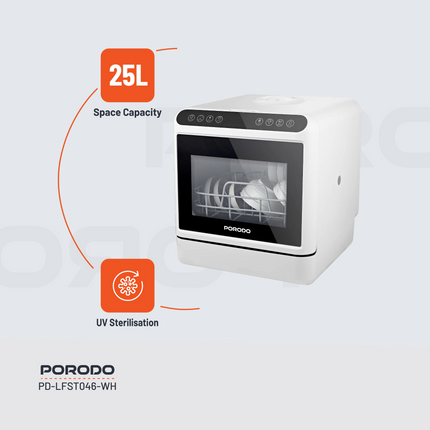 The compact, powerful Porodo Lifestyle Counter-Top Dishwasher makes cleaning dishes easy in every kitchen. This convenient and efficient dishwasher is