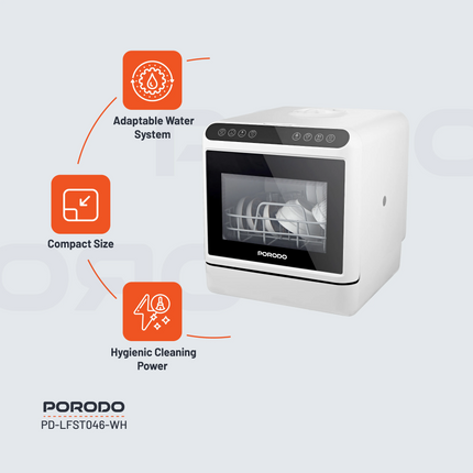 The compact, powerful Porodo Lifestyle Counter-Top Dishwasher makes cleaning dishes easy in every kitchen. This convenient and efficient dishwasher is
