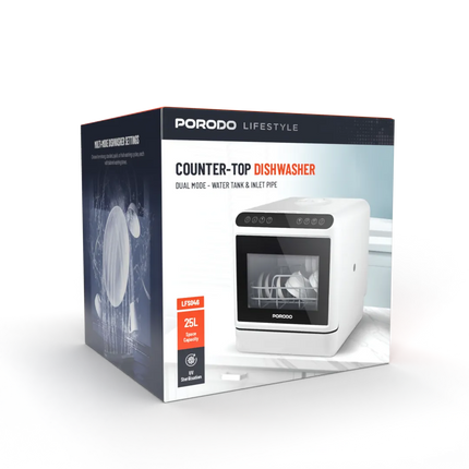 The compact, powerful Porodo Lifestyle Counter-Top Dishwasher makes cleaning dishes easy in every kitchen. This convenient and efficient dishwasher is