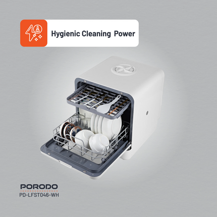 The compact, powerful Porodo Lifestyle Counter-Top Dishwasher makes cleaning dishes easy in every kitchen. This convenient and efficient dishwasher is