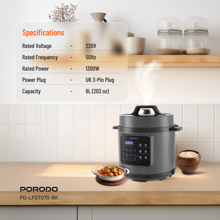 The Porodo Lifestyle 1300W Multi-Cuisine Pressure Cooker is an all-in-one appliance for the kitchen, inherently elevating the joy of cooking by making