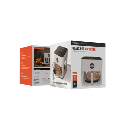 Porodo Lifestyle 5L Glass Pot Air Fryer – The Perfect combination of form and function for healthier cooking in the home! Running on 220-240V and 1200