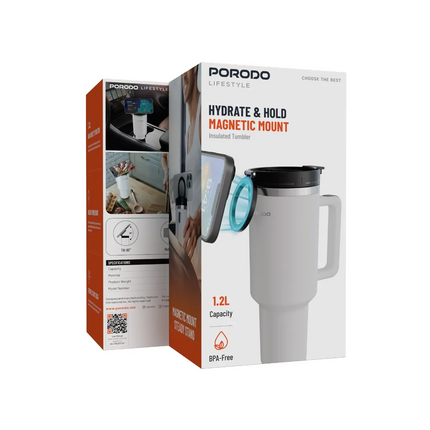 The Porodo Lifestyle Hydrate &amp; Hold Magnetic Mount 40oz Insulated Tumbler is your ultimate companion for your fast-moving day. It has a mammoth 40