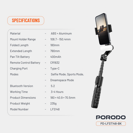 PORODO GIMBAL STABILIZER SELFIE STICK TRIPOD WITH FILL LIGHT & DETACHABLE REMOTE - B - The Porodo Gimbal Stabilizer Selfie Stick Tripod with Fill Light & Detachable Remote  Black ...