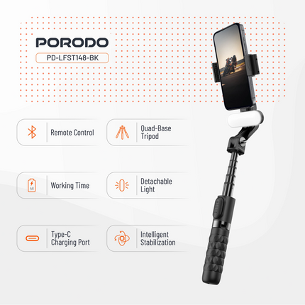 PORODO GIMBAL STABILIZER SELFIE STICK TRIPOD WITH FILL LIGHT & DETACHABLE REMOTE - B - The Porodo Gimbal Stabilizer Selfie Stick Tripod with Fill Light & Detachable Remote  Black ...