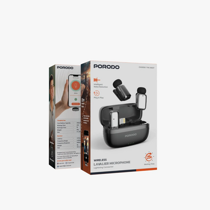 The Porodo Wireless Lavalier Microphones Lightning delivers one smooth audio experience for content creators and artists alike. The end case with its 