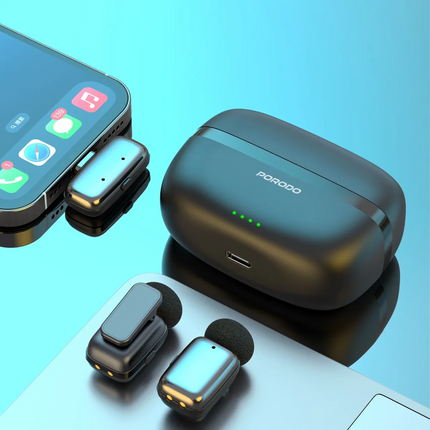 The Porodo Wireless Lavalier Microphones Lightning delivers one smooth audio experience for content creators and artists alike. The end case with its 