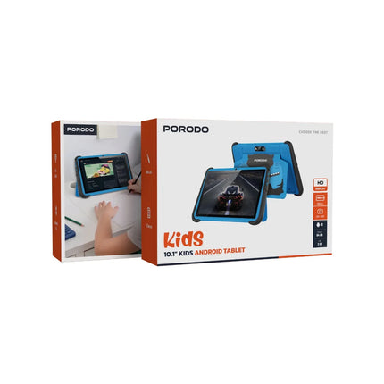 Porodo 10.1 inch Kids Android Tablet in blue color with a protective case, featuring a screen with a colorful display and a car image, suitable for children's entertainment and education.