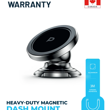 Heavy-duty magnetic dash mount with Powerology branding and warranty information on a white background.