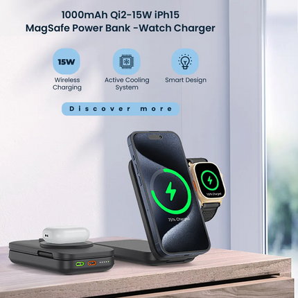 Stay charged with the Powerology Qi2 15W MagSafe Power Bank. This power bank is available in black and supports wireless charging with a maximum outpu