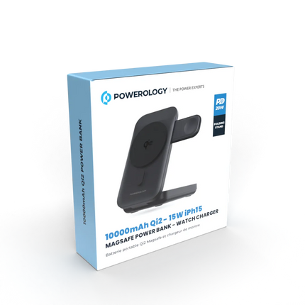 Stay charged with the Powerology Qi2 15W MagSafe Power Bank. This power bank is available in black and supports wireless charging with a maximum outpu