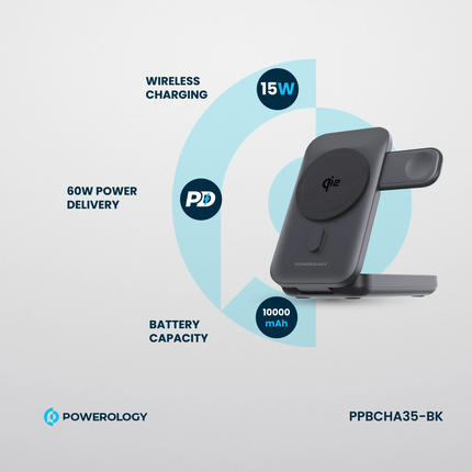 Stay charged with the Powerology Qi2 15W MagSafe Power Bank. This power bank is available in black and supports wireless charging with a maximum outpu
